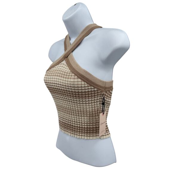 Sincerely Jules Halter Knit Crop Top WMNS M Beige Tan Brown Ribbed Check Pattern - Picture 3 of 7